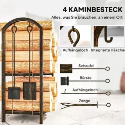 Vedställ 43×30×74 cm, 2 nivåer, med 4 eldstadsverktyg och krokar