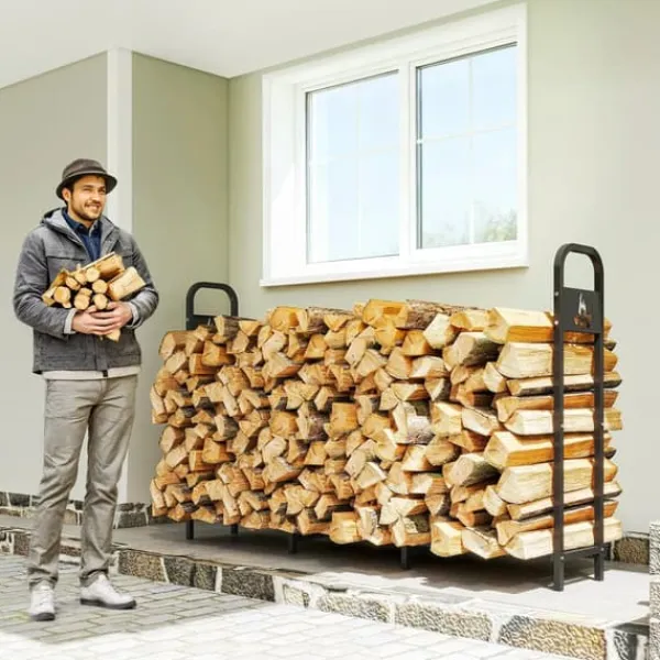 Vedställ & Vedförvaring - Utomhus Stålställ - 200×30×120 cm - Förstärkta Ben - Utskuret Lägereldsmotiv - Max 300 kg - Trädgård - Chokladbrun
