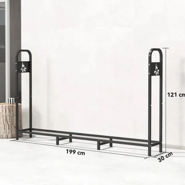 Vedställ & Vedförvaring - Utomhus Stålställ - 200×30×120 cm - Förstärkta Ben - Utskuret Lägereldsmotiv - Max 300 kg - Trädgård - Chokladbrun