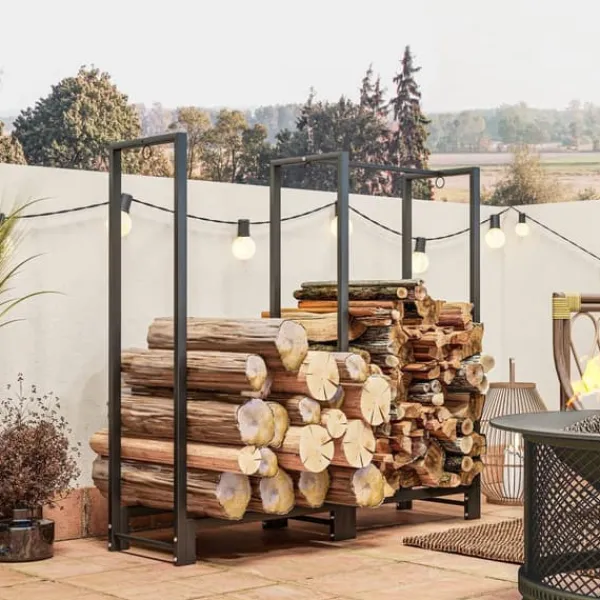 Outlet Vedställ kaminved stål svart 123x32x115 cm, 2 fack, 3 krokar, inomhus/utomhus, upp till 200 kg Tillbehör Till Vedeldade Kaminer & Öppna Spisar