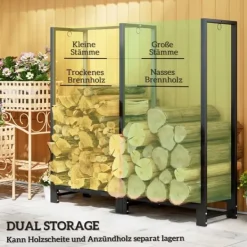 Outlet Vedställ kaminved stål svart 123x32x115 cm, 2 fack, 3 krokar, inomhus/utomhus, upp till 200 kg Tillbehör Till Vedeldade Kaminer & Öppna Spisar