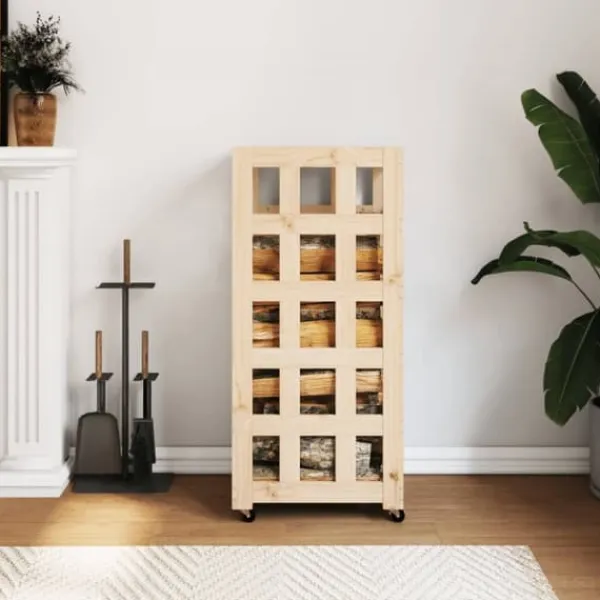 Hot Vedställ med hjul i massiv furu - Förvaring av ved | Storlek: 40x49x110 cm Tillbehör Till Vedeldade Kaminer & Öppna Spisar
