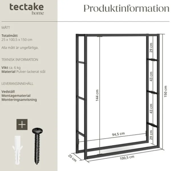 Hot Vedställ Tuby, för inne- & utomhus, 100,5x25x150cm - svart Tillbehör Till Vedeldade Kaminer & Öppna Spisar