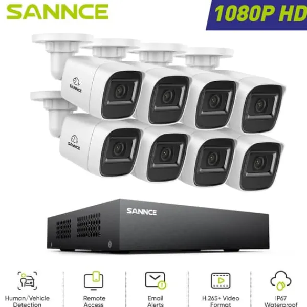 Outlet Övervakningskamerasystem, 1080p Full HD, Nattseende upp till 100 fot,1T, 8st cam Säkerhetsmonitorer & Videokameror