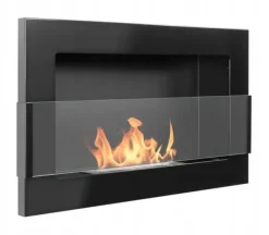 Vägghängd biokamin med glas 65x40x12 cm Flamreglering Blank svart