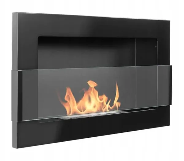 Vägghängd biokamin med glas 65x40x12 cm Flamreglering Blank svart