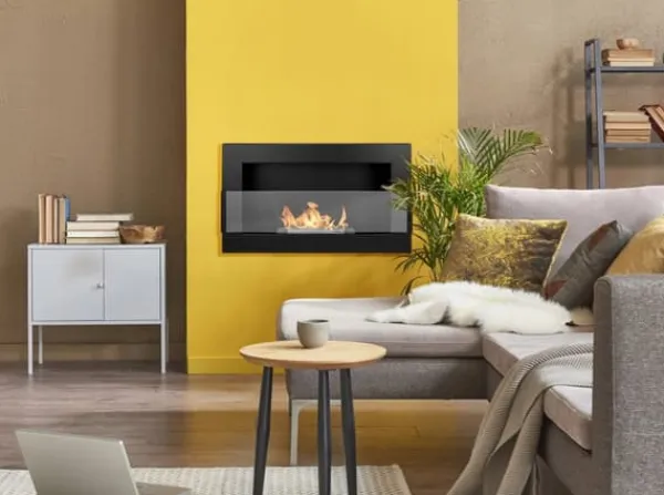 Vägghängd biokamin med glas 65x40x12 cm Flamreglering Mattsvart Vedeldade Kaminer