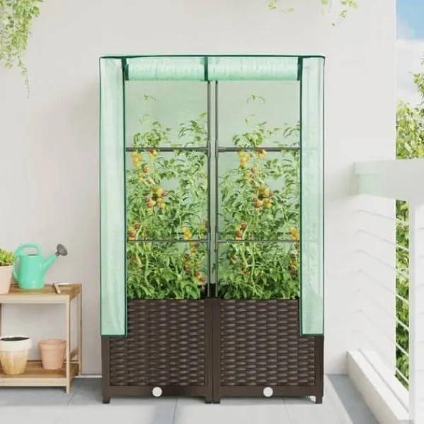 Hot Höjd planteringslåda med rattanutseende 80x40x138 cm, upphöjd trädgårdsbädd, upphöjd blomlåda, 4015800 Växthus