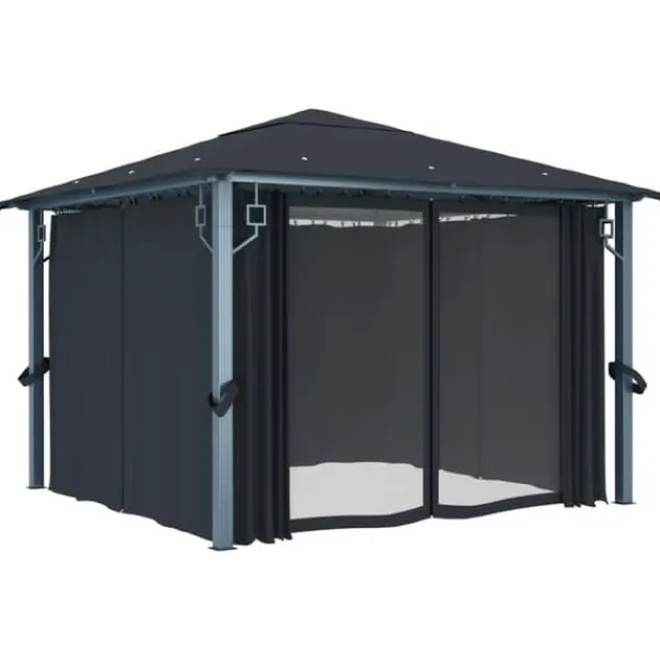 vidaXL Paviljong med gardin & ljusslinga LED 3x3 m antracit aluminium - Partytält & paviljoner