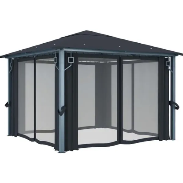 vidaXL Paviljong med gardin & ljusslinga LED 3x3 m antracit aluminium - Partytält & paviljoner