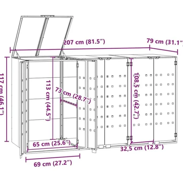 Clearance Skjul för sopkärl för 3 platser svart 207x79x117 cm stål Skjul, Garage & Carports