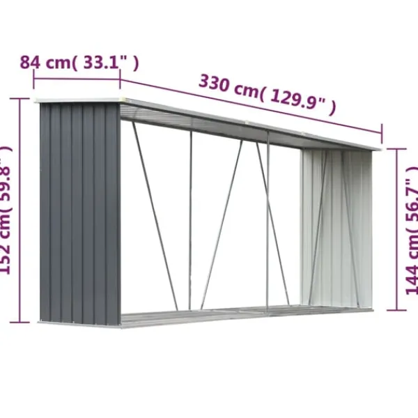 Hot Vedskjul i galvaniserat stål 330x84x152 cm grå Skjul, Garage & Carports