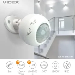 Outlet Videx infraröd rörelse- och ljussensor IP20 effekt 1200W räckvidd 8m vinkel 360° Rörelsedetektorer