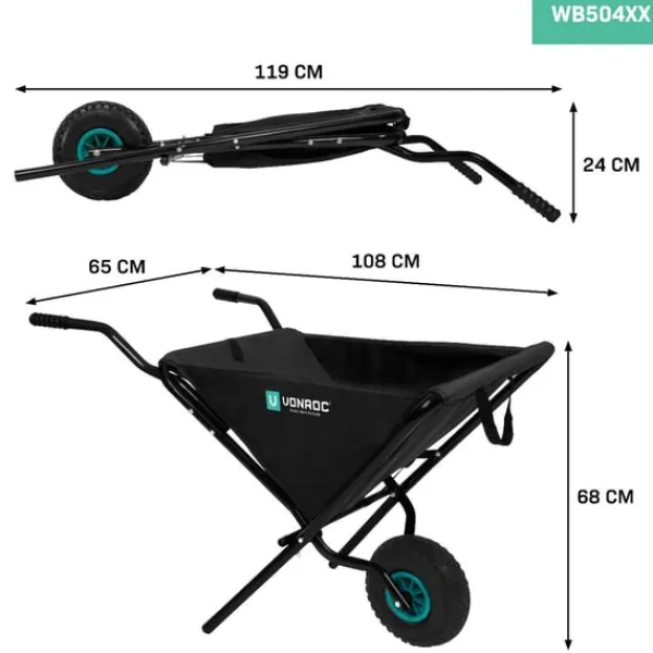 Vonroc Hopfällbar Skottkärra – Lätt och Platsbesparande Trädgårdsvagn med 30 kg Kapacitet, Ergonomiska Handtag och Luftfyllda Hjul