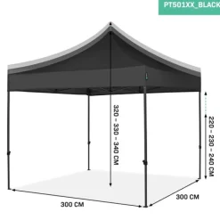 Hot Partytält 3x3 m – Vattentätt, UV-skydd 50+ – Stålram – Hopfällbart med Förvaringsväska – Svart Tält & Lusthus