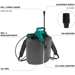 Discount Tryckspruta 10L – 4V Batteri | Inkl. 2 sprutlansar, bärremmar och USB-C-kabel Trädgårdsverktyg