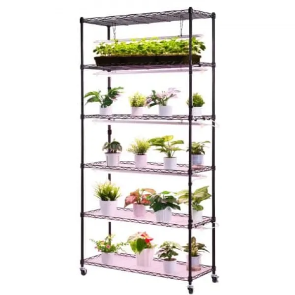 Discount Växthyllla, 6-nivåers inomhus växtställ med växtbelysning, 90x35x180 cm, metall Växtställ