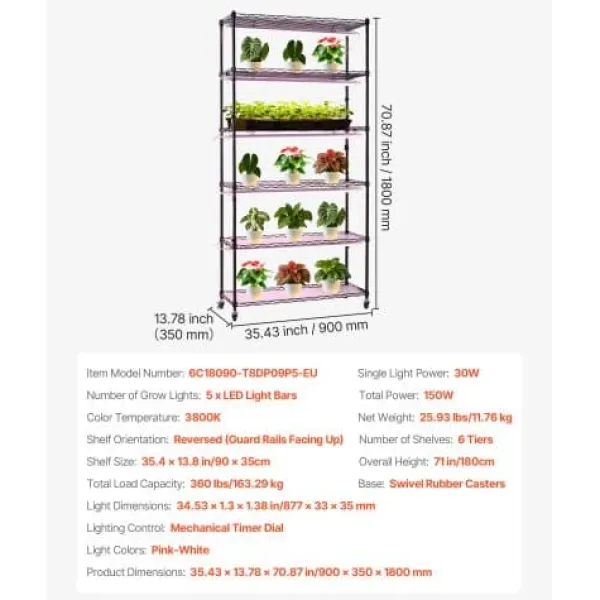 Discount Växthyllla, 6-nivåers inomhus växtställ med växtbelysning, 90x35x180 cm, metall Växtställ