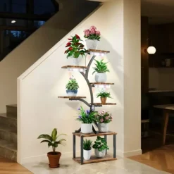 Växtställ & Blomhylla - Hörnmodell i trä - Trädform - 7 Hyllplan - 151 cm - Med LED-belysning - Inomhus - Grå Växtställ