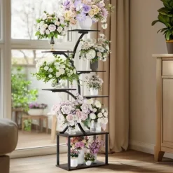 Växtställ & Blomhylla - Hörnmodell i trä - Trädform - 7 Hyllplan - 151 cm - Med LED-belysning - Inomhus - Grå Växtställ