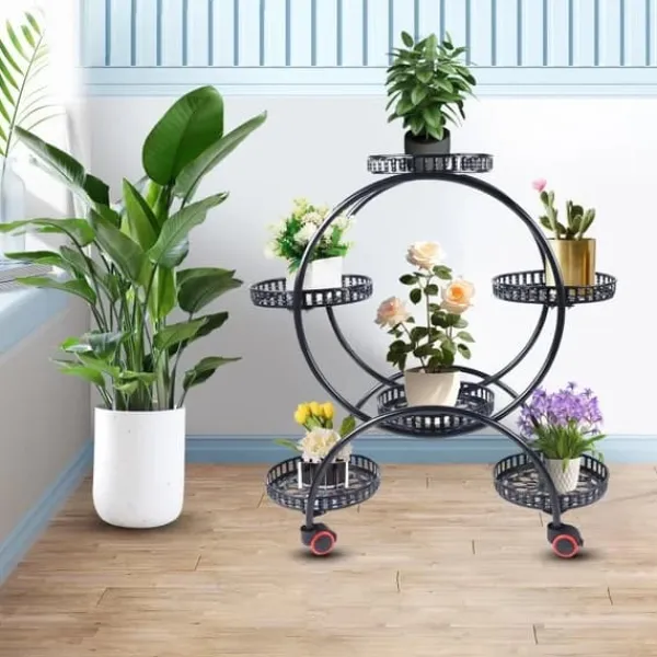 New Växtställ - Blomkrukshylla 4 våningar - Metall - Med hjul - Robust - Rund design - Svart Växtställ
