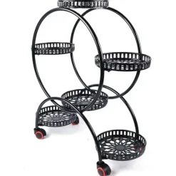 New Växtställ - Blomkrukshylla 4 våningar - Metall - Med hjul - Robust - Rund design - Svart Växtställ