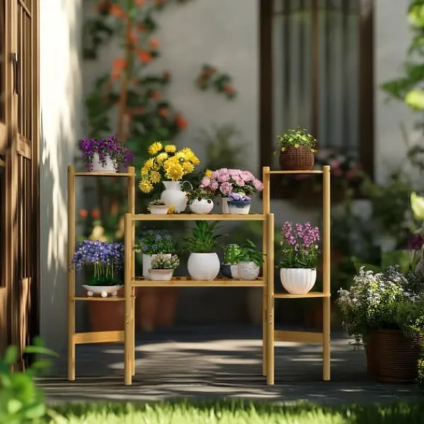 Växtställ - Hörnblomhylla i bambu 6 nivåer - Storlek L - För blomkrukor inomhus/ute - Gul