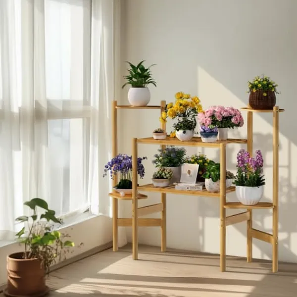 Växtställ - Hörnblomhylla i bambu 6 nivåer - Storlek L - För blomkrukor inomhus/ute - Gul