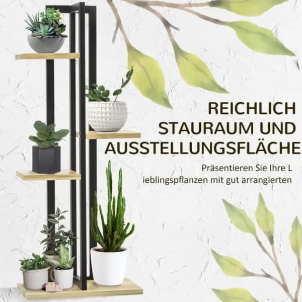 New Växtställ 4 nivåer justerbart 110 cm trä svart/natur för inne/ute Växtställ