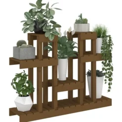 New Växtställ i honungsbrun massiv furu - Perfekt för blommor och växter | Storlek: 104,5x25x77,5 cm Växtställ