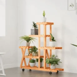 Växtställ med hjul 95x25x101 cm massiv furu Växtställ