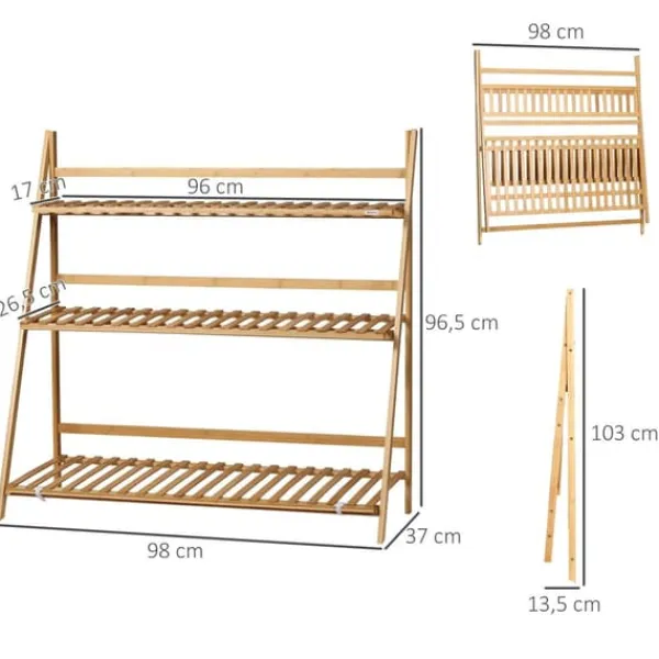 Outlet Växtställ och blomhylla i bambu - 3-vånings vikbar hylla - Fristående - 100 x 39 x 97 cm Växtställ