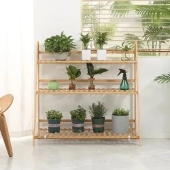 Outlet Växtställ och blomhylla i bambu - 3-vånings vikbar hylla - Fristående - 100 x 39 x 97 cm Växtställ