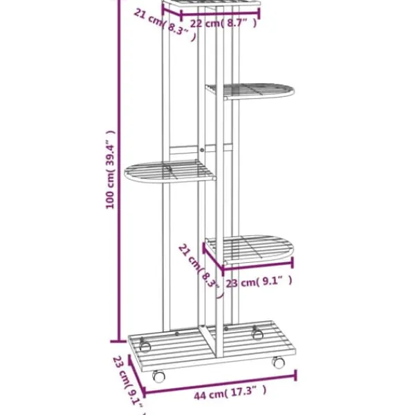 Växtställ på hjul med 5 hyllor - Järnhylla | Färg: Svart | Storlek: 44x23x100 cm