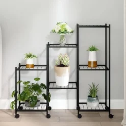 Clearance Växtställ på hjul 83x25x83,5 cm svart järn Växtställ