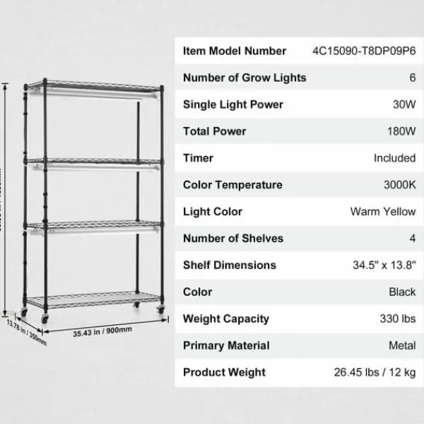 Växtställning med växtlampor 180W, justerbar höjd, energieffektiv belysning, 59,1 cm hög, perfekt för inomhusodling och snabb tillväxt