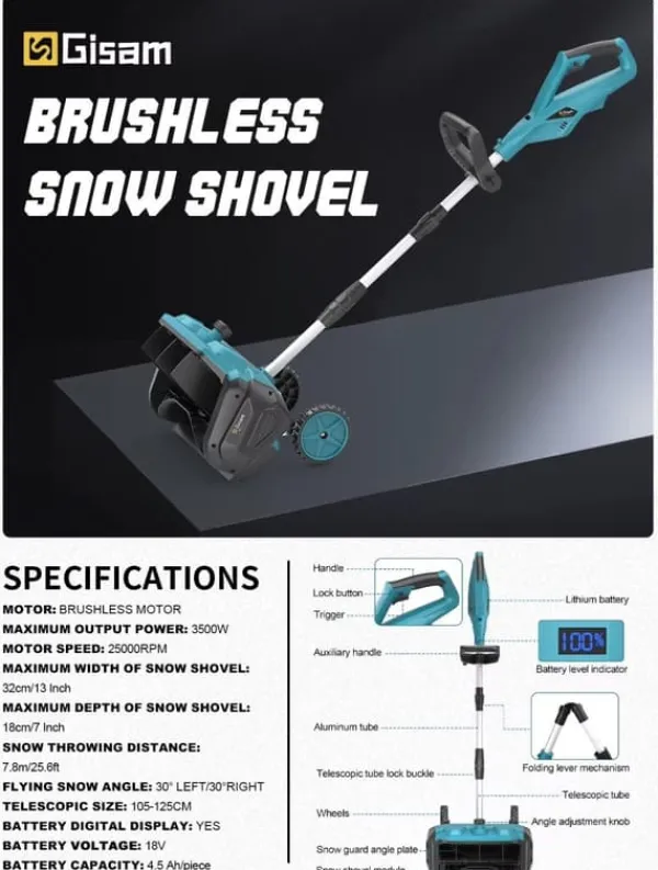 3500W 320MM 18V Borstlös Elektrisk Snöslunga – Sladdlös Snöborste Snöskyffel för Uppfart, Gård , Gata och Trottoar – med 2 batterier