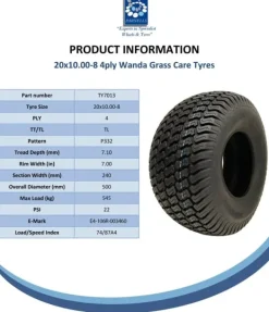 20x10.00-8 däck för gräsklippare 4ply Multi, turf, gräs - däck för gräsklippare - Wanda P332