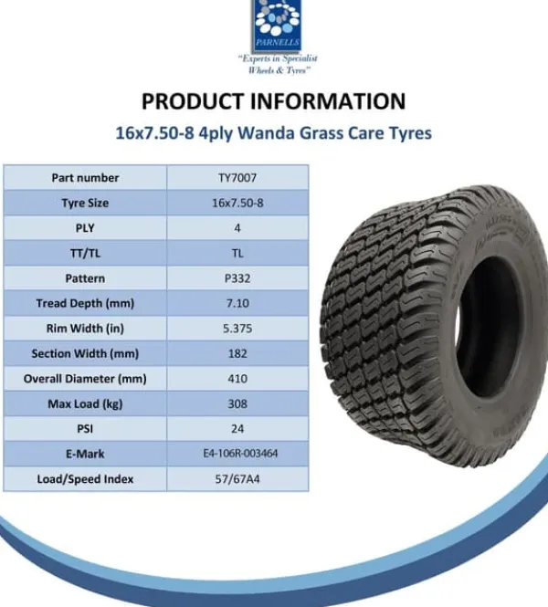 16x7.50-8 Gräs Däck 4ply Wanda P332 Turf Ride On Däck för gräsklippare (uppsättning av 4)