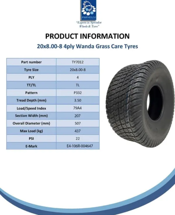 Best 20x8.00-8 gräsklippardäck 4ply Multi, turf, gräsklippardäck, Wanda P332, set om 2 Trädgårdsmaskiner